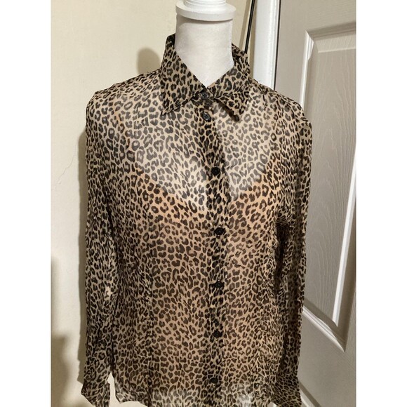 J Crew Shirt Womens 2 Brown Leopard Print Sheer Button Up Top Long Sleeve Animal - Picture 3 of 7